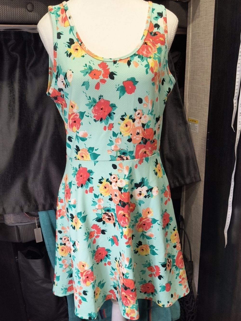 Almost Famous Mint Floral Sleeveless Fit & Flare Dress, Textured Fabric, Large
